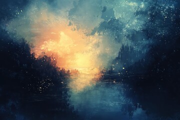 Wall Mural - A Dreamlike Landscape of Water, Mountains, and a Starry Sky