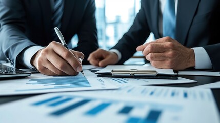 Wall Mural - Professional Business Meeting with Two Men Analyzing Financial Reports and Charts in Modern Office Setting, Emphasizing Collaboration and Strategy Development