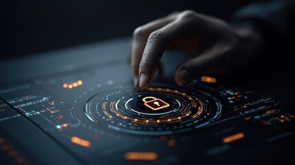 A close-up of a hand interacting with a digital interface featuring a lock symbol, symbolizing cybersecurity.