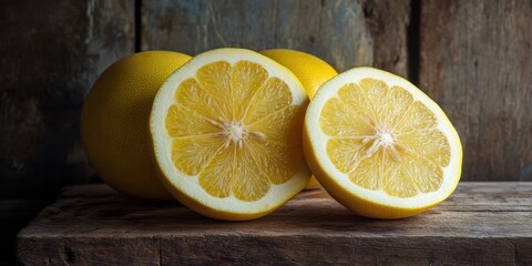 Vibrant pomelo fruit quarters on rustic wooden table food photography natural lighting close-up perspective freshness and flavor concept