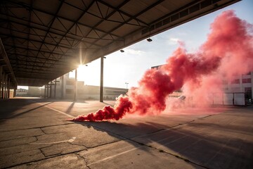 Red smoke wafts through a vast, empty space as sunlight hits it, ambient atmosphere, smoke in the air, red mist