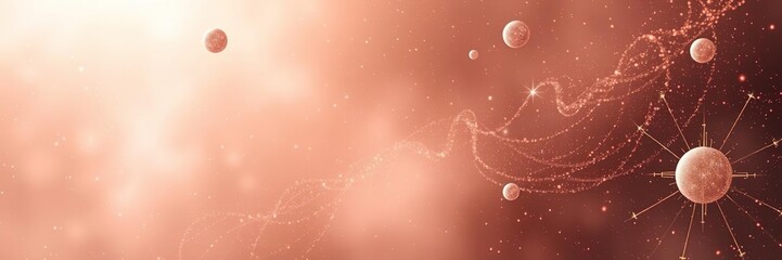 Wall Mural - Celestial bodies and stardust particles floating in an ethereal rose gold and silver misty background, abstract, serenity