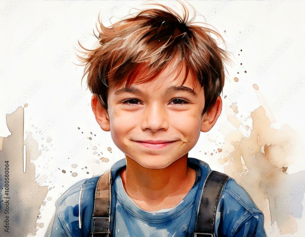 watercolor painting of a cute little boy smiling with copy space Stock ...