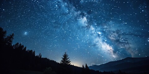 Wall Mural - Twinkling stars against the dark blue backdrop of night sky creating an atmosphere of mystery and wonder, celestial, darkness, astronomy, space