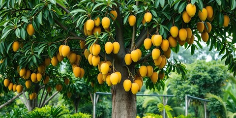 Wall Mural - A majestic mango tree stands tall with numerous ripe mangoes hanging from its branches in a lush garden setting, organic mango, fresh mangoes