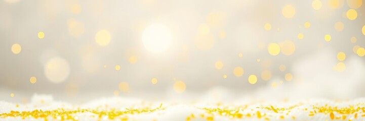 a sprinkle of bright yellow glitter floats on a cloudy white background with faint twinkly lights an