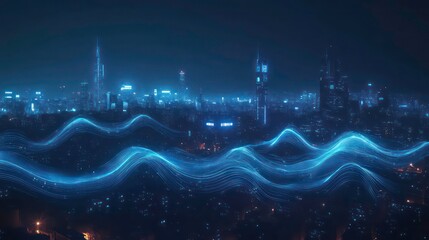 Aufkleber - Abstract blue light streaks over a cityscape at night.