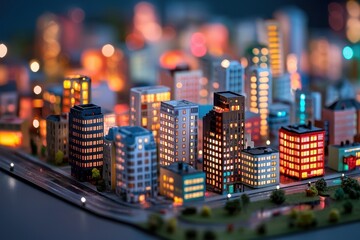 Matchbox cityscape at night, with tiny LED lights illuminating the streets and buildings, creating a magical urban glow, [Matchbox model city], [miniature city night scene]