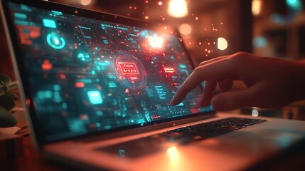 a hand on the right side of an open laptop with icons