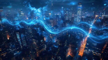 Aufkleber - A futuristic cityscape at night with glowing blue energy streams flowing through the buildings.