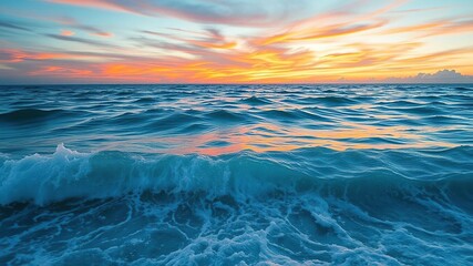 Sticker - Gentle ocean breeze stirs the surface of turquoise waters as vibrant sunset colors dance across the sky, water, turquoise