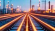 © GraphzTain - Supply Chain Management concept. A golden-hued sunset casts a warm glow over railway tracks, leading into an industrial landscape, creating a serene yet vibrant atmosphere.