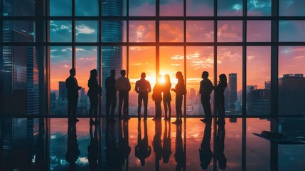Poster - Silhouetted Business Group in Modern Office at Sunset Overlooking Cityscape Highlighting Teamwork and Corporate Success Concepts