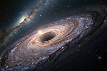 Wall Mural - A breathtaking scene of a black hole with swirling accretion disk and starfield in the background, event horizon, cosmic ray