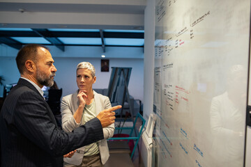 Business professionals discussing strategy in front of office whiteboard with focus and collaboration