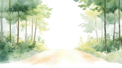 Wall Mural - Scenic watercolor illustration of a serene forest pathway, surrounded by lush greenery and soft sunlight, perfect for nature-themed projects.