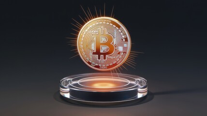 Poster - Holographic 3D Render of a Floating Bitcoin Coin with Glowing Effects and Digital Background