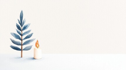 Wall Mural - a serene composition featuring a blue-green leaf plant and a softly glowing candle against a minimal