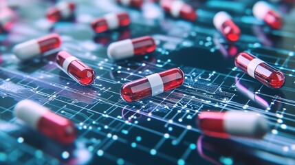 Aufkleber - Red and white pills lying on futuristic circuit board representing medical research