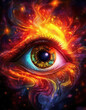 © jodi - Abstract fractal background design of colorful human eye with psychedelic colors glowing around the eye making the eye look like it's on fire.