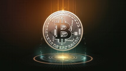 Wall Mural - Stunning Digital Representation of Bitcoin Coin with Futuristic Glow and Dynamic Background Ideal for Illustrations Related to Cryptocurrency and Digital Finance Concepts