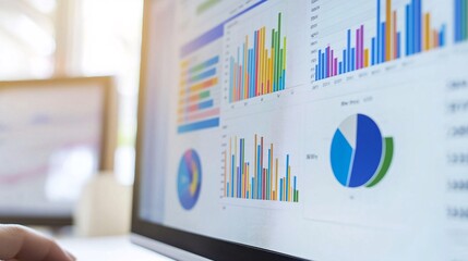 Poster - Businesswoman analyzing statistical business charts on computer screen