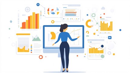 Poster - Businesswoman analyzing financial charts and graphs on computer screen