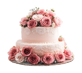 Pink wedding cake adorned with pink roses on a white background. isolated background.