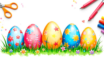 Wall Mural - Children’s Easter crafts with colorful eggs, decorated flowers, patterns and festive atmosphere