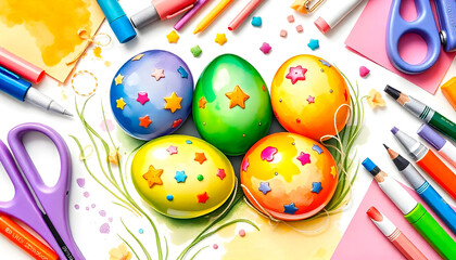 Children’s Easter crafts with colorful eggs, decorated flowers, patterns and festive atmosphere