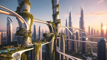 Aufkleber - Futuristic urban development metropolis digital art eco-friendly design aerial view sustainable architecture