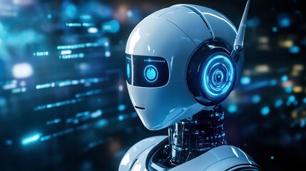 Poster - A futuristic robot with glowing blue eyes and a sleek white design looks directly at the viewer against a backdrop of a city at night.