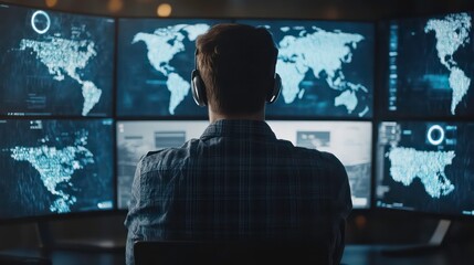 Aufkleber - Nighttime Cyber Threat Detection by Cybersecurity Professional Monitoring Real-Time Alerts on Multiple Screens