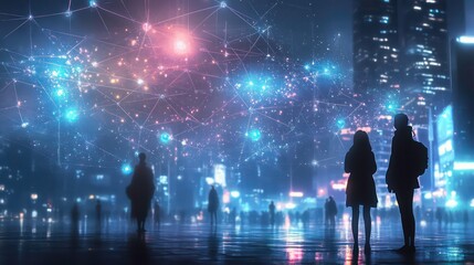 Fototapete - Silhouettes of people standing in a city at night with a network of glowing lines and dots in the sky above them.