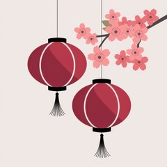 Canvas Print - Vibrant Red Lanterns Hanging Vertically Amidst Cherry Blossom Flowers, Capturing the Essence of Traditional Asian Festivals and Celebrations in a Charming Display