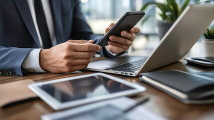 Poster - Middle-aged professional man using smartphone, laptop, tablet on desk - busy office work, business meeting preparation