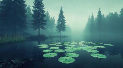 Wall Mural - a misty lake in the forest with lily pads on the surface of the water.