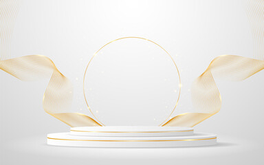 Aufkleber - White podium with elegant gold wave lines on the back for product presentation. Display of cosmetic products. Stage or podium. vector illustration	