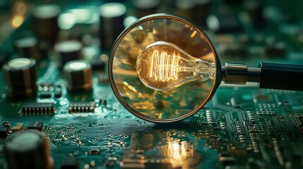 Poster - Magnifying Glass Focusing on Light Bulb Idea Over Circuit Board for Innovative Solution Highlights, Technology, and Creativity