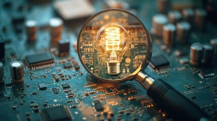 Aufkleber - Magnifying Glass Focusing on Light Bulb Idea Over Circuit Board for Innovative Solution Highlights, Technology, and Creativity