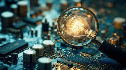 Aufkleber - Magnifying Glass Focusing on Light Bulb Idea Over Circuit Board for Innovative Solution Highlights, Technology, and Creativity