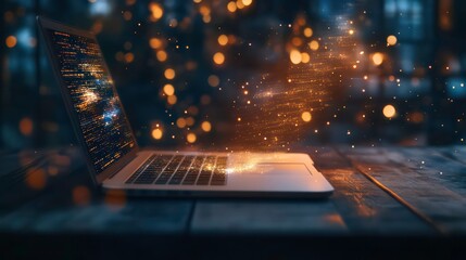 Fototapete - A laptop with glowing code and a magical spark effect on the keyboard.
