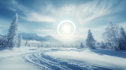 Snowy mountain landscape with a halo around the sun.