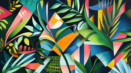 Wall Mural - Sharp angular plant forms with bold contrasts in a Cubist design