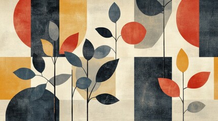 Wall Mural - Bauhaus design with geometric leaves in simple colors on a textured backdrop