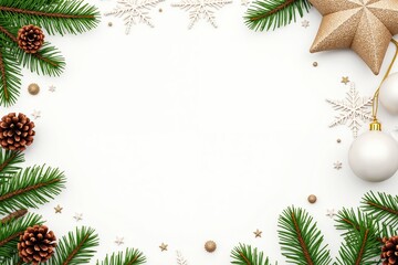 Wall Mural - Festive christmas background with pinecones, greenery, and ornaments in white space.