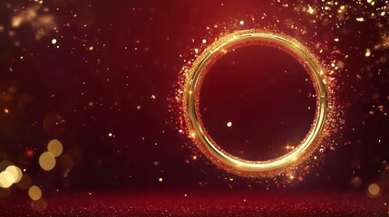 Lively golden ring animation showcasing lunar new year and the rabbit year against a deep red background with glittering elements for a festive celebration looping clip