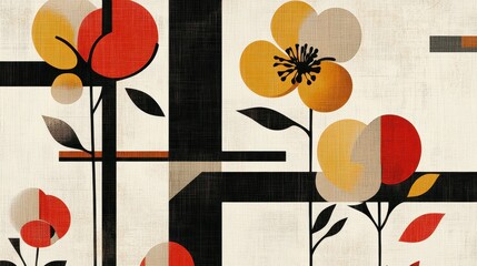 Wall Mural - Geometric floral shapes in primary colors on a Bauhaus-inspired backdrop