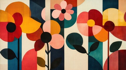 Wall Mural - Functional floral wallpaper in Bauhaus colors with subtle textured lines