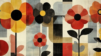 Wall Mural - Simple geometric floral designs in a balanced Bauhaus-style composition